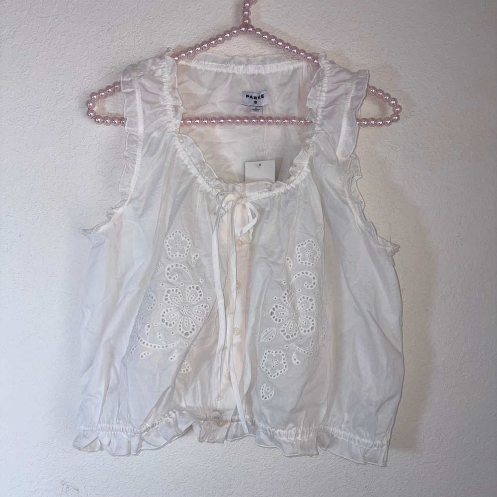 Parker White Eyelet Tie-Front Sleeveless Blouse
